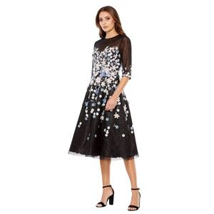 Mac Duggal 11161 Black Floral Appliqué Rhinestone Accent Midi Dress Size 6 $398